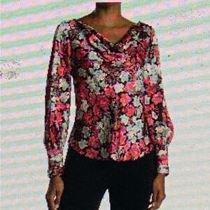 Cinq a sept Floral Cowl Neck Blouse - Pink and Black